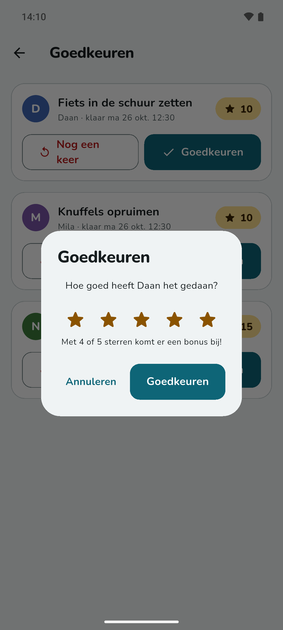 Goedkeuren: de vraag hoe goed Daan de klus heeft gedaan, met vijf sterren en de uitleg dat er bij 4 of 5 sterren een bonus bij komt.