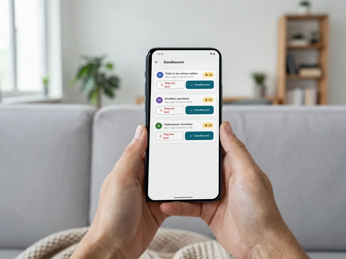 Volwassen handen houden een telefoon vast op de bank. Op het scherm: Goedkeuren, met drie klusjes van Daan, Mila en Noor.