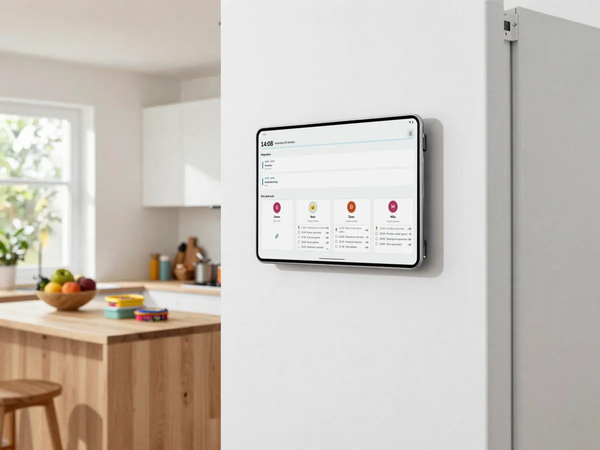 Een tablet aan de zijkant van een witte koelkast in een lichte keuken. Op het scherm: 14:08, de afspraken van vandaag en vier kolommen met de klusjes van Sanne, Noor, Daan en Mila.