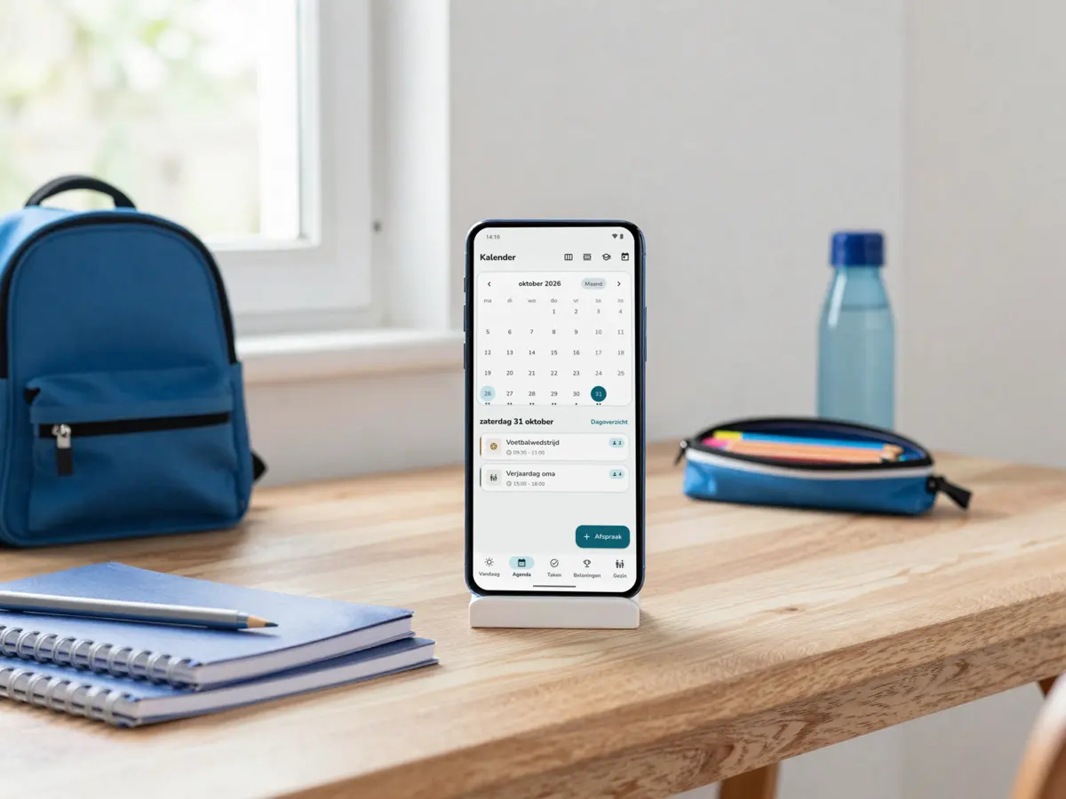 Een telefoon op een bureau tussen een schooltas, schriften en een etui. Op het scherm de gezinsagenda van oktober met op zaterdag een voetbalwedstrijd en de verjaardag van oma.