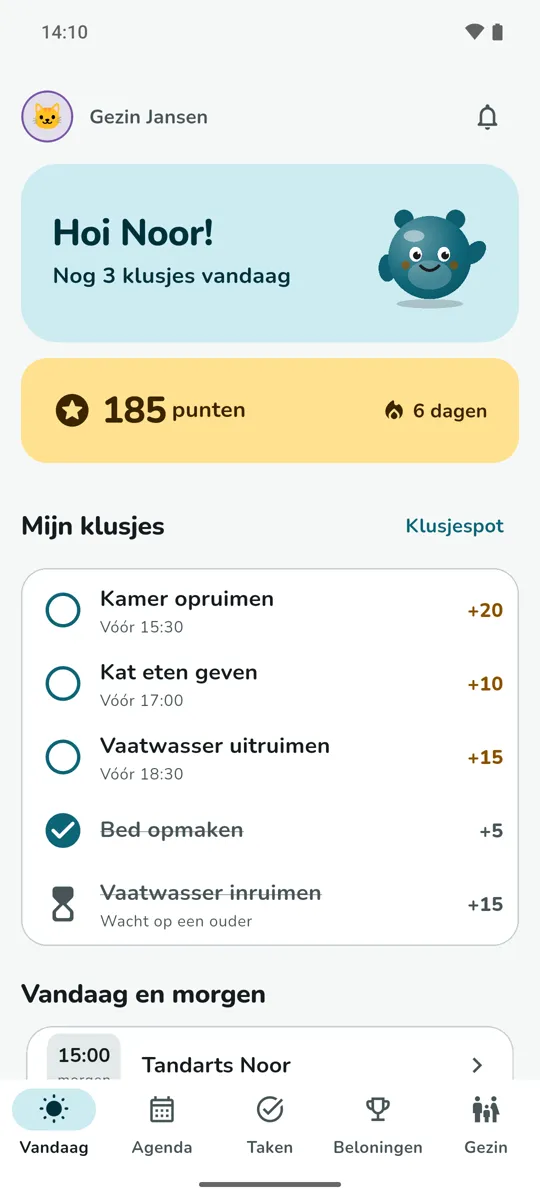 Het startscherm van Noor: Hoi Noor, nog 3 klusjes vandaag, 185 punten, 6 dagen op rij en haar klusjes met punten.