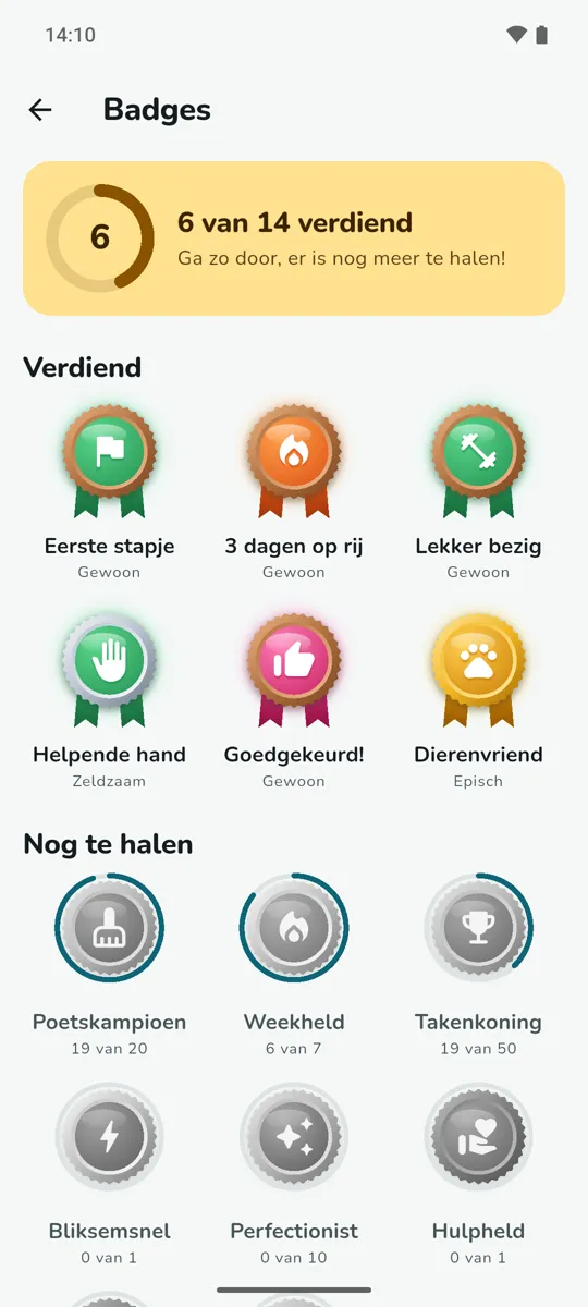 Het badgescherm: 6 van 14 verdiend, met verdiende badges zoals Eerste stapje en Goedgekeurd!, en badges die nog te halen zijn.